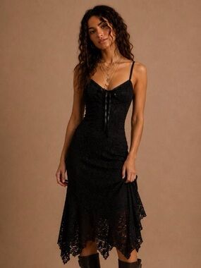 Dolls skill Black Lace midiDress with Spaghetti Straps